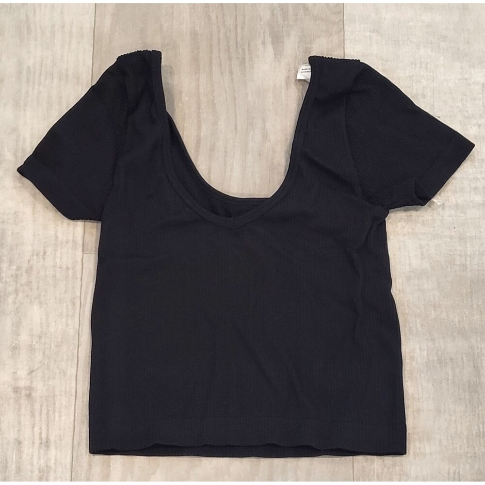 Aeropostale Black Ribbed XS Scoop V-Neck Crop Top Stretchy Short Sleeve Bodycon